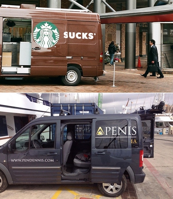 Cửa trượt của Starbucks và Pendennis đã bóp méo cái tên của 2 hãng này.
