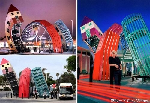 Trạm xe bus hình những ngôi nhà cao tầng ở California, Mỹ